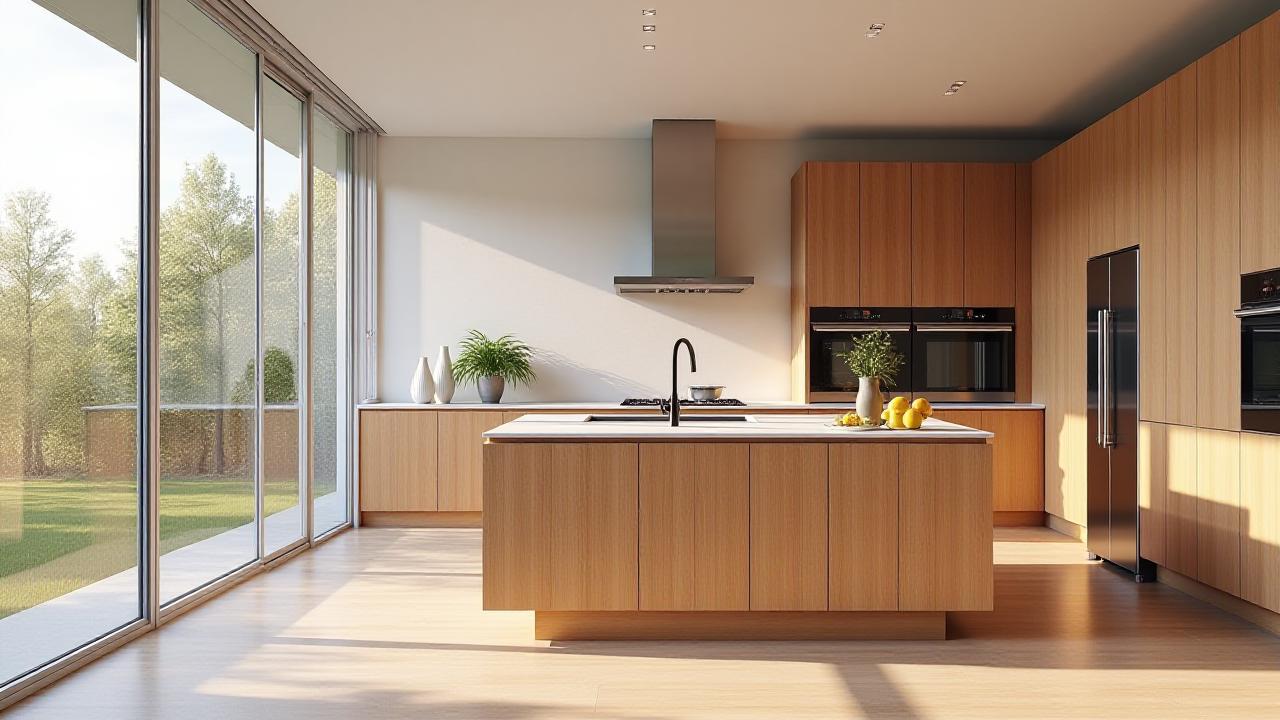 Breathtaking modern kitchen with custom sustainable wood cabinets, bathed in natural light