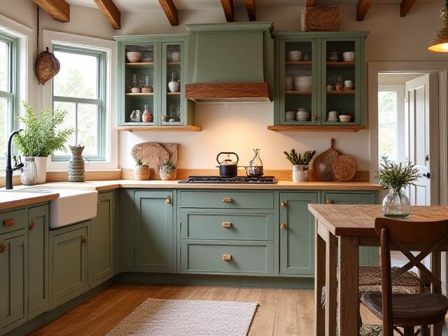Rustic farmhouse kitchen with painted sustainable wood cabinets and wooden island