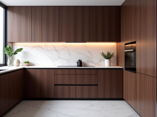 Contemporary kitchen with flat panel cabinets made from sustainable walnut, light countertops