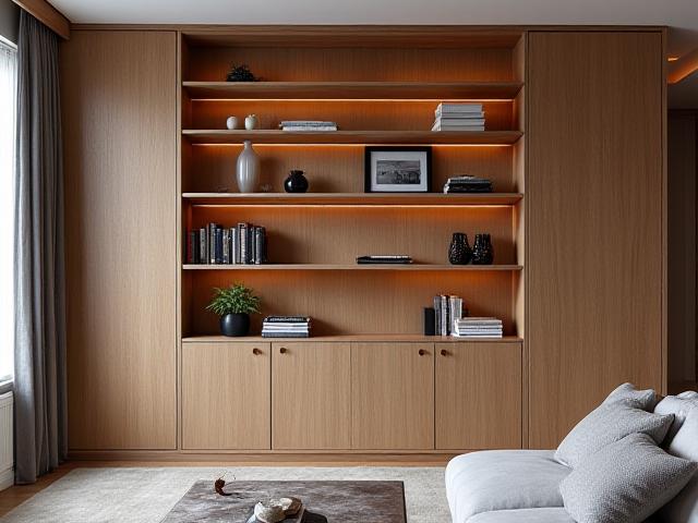 Custom built-in bookshelf with sustainable oak, modern living room