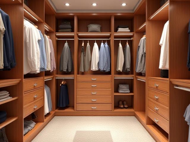Luxurious walk-in closet with custom sustainable cedar shelving and drawers