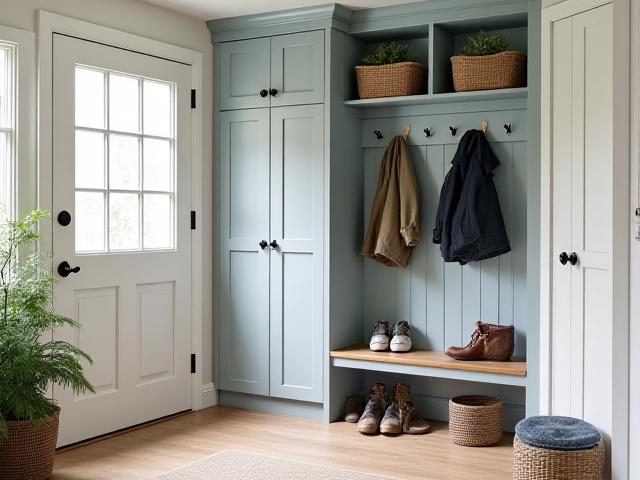 Organized mudroom built-in storage with benches and hooks, crafted from sustainable pine