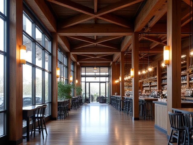 Interior of a commercial building with exposed post-and-beam construction and modern lighting