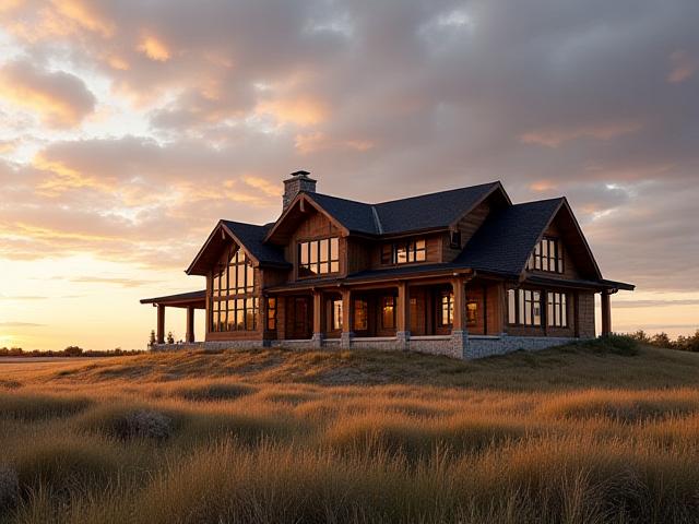 Custom timber frame home with exposed beams against a wide prairie sky