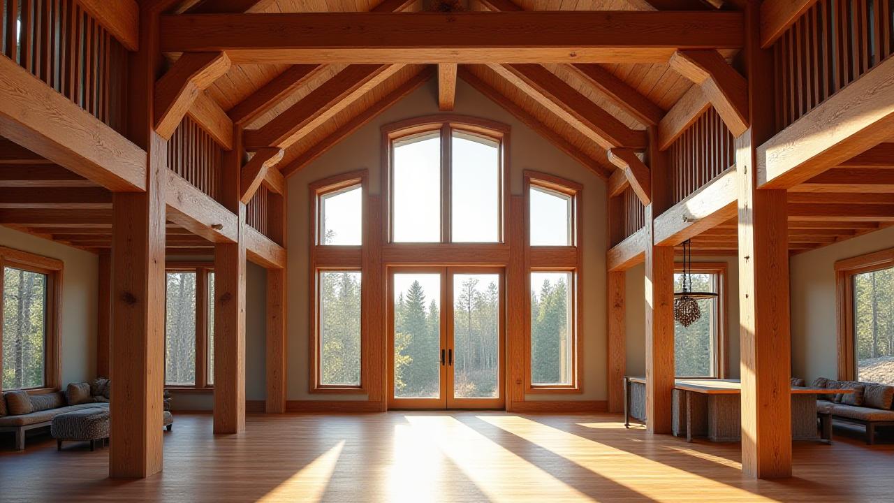 Interior of a modern timber frame great room with massive exposed beams and high vaulted ceiling