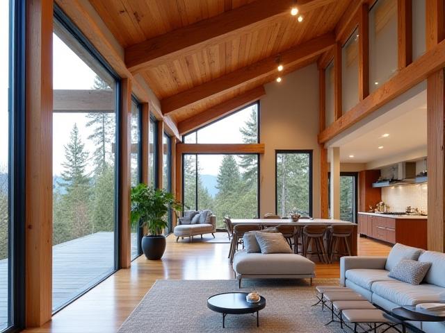 Hybrid home addition combining timber framing with conventional construction, creating a bright, open space