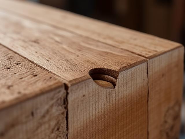 Close-up detail of a perfectly cut mortise and tenon joint with a wooden peg