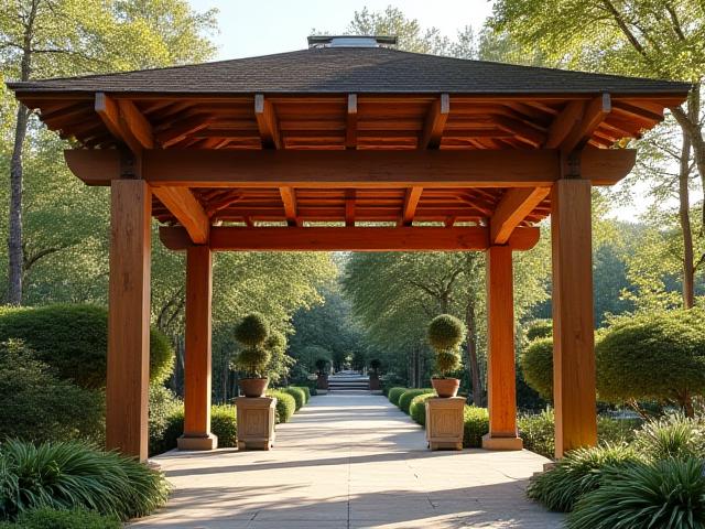 Massive timber frame outdoor pavilion with intricate joinery, surrounded by nature