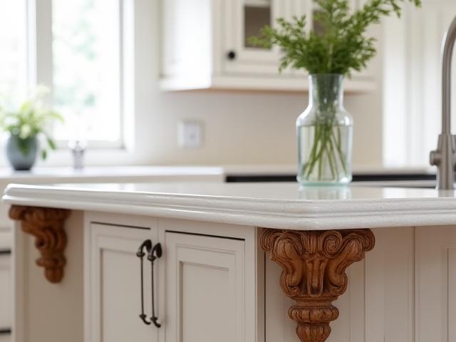 Elegant decorative corbels carved from wood, supporting a kitchen island countertop.