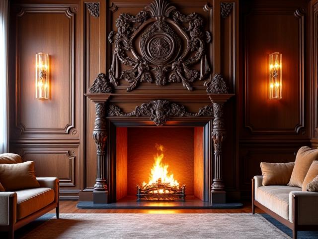 A magnificent, hand-carved fireplace surround serving as the focal point of a luxurious living room, highlighting a hand-carved mantel.