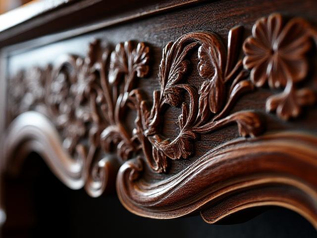 Close-up of a hand-carved floral motif on a dark wooden mantelpiece, showing intricate detail.