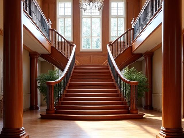 A grand residential staircase featuring ornate banisters and custom-turned newel posts, showcasing decorative woodwork.