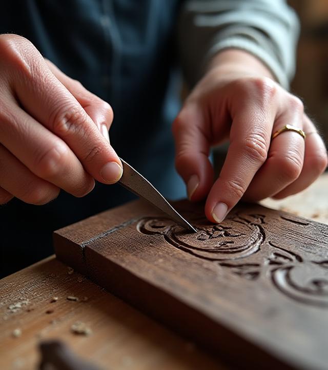 Close-up of a craftsman's hands carving intricate details into a block of rich walnut wood, wood shavings visible.