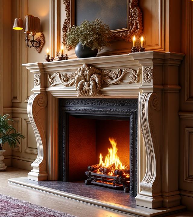 A grand fireplace mantelpiece, hand-carved with elaborate floral motifs, installed in a luxurious living room, showcasing finished decorative woodwork.