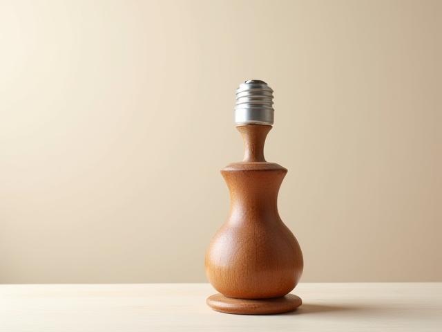 A unique, turned wooden lamp base with elegant curves, demonstrating artistic woodturning.