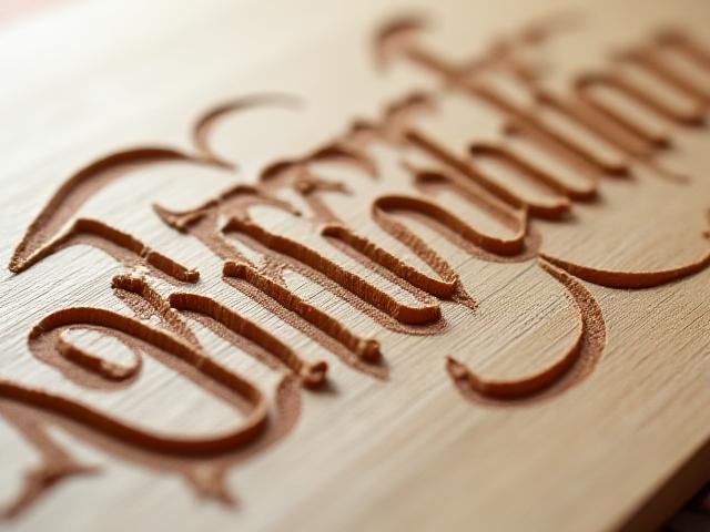 Delicately carved Gothic-style lettering on a wooden panel, showcasing fine wood carving techniques.