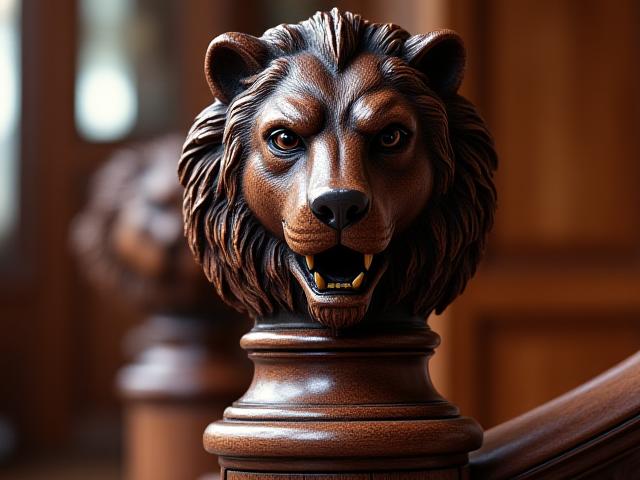 A meticulously sculpted wooden animal head adorning a newel post, demonstrating artistic wood carving services.