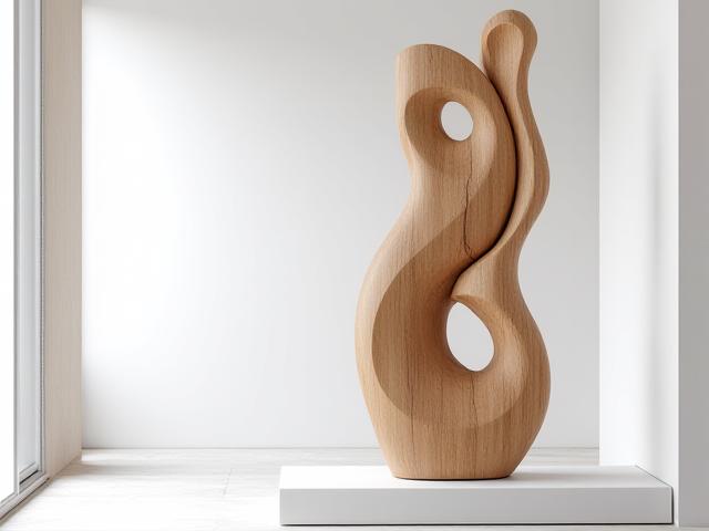 A unique, free-standing sculptural wooden art piece placed in a modern entryway, representing artistic wood carving.